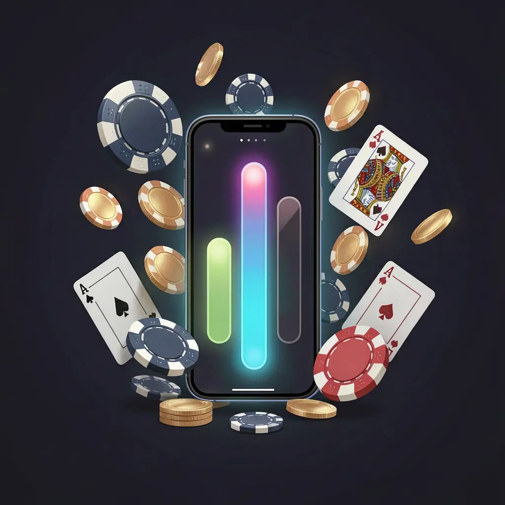 MY8899 casino app installation visual showing a smartphone with a glowing progress bar surrounded by coins, chips, and cards on a dark background