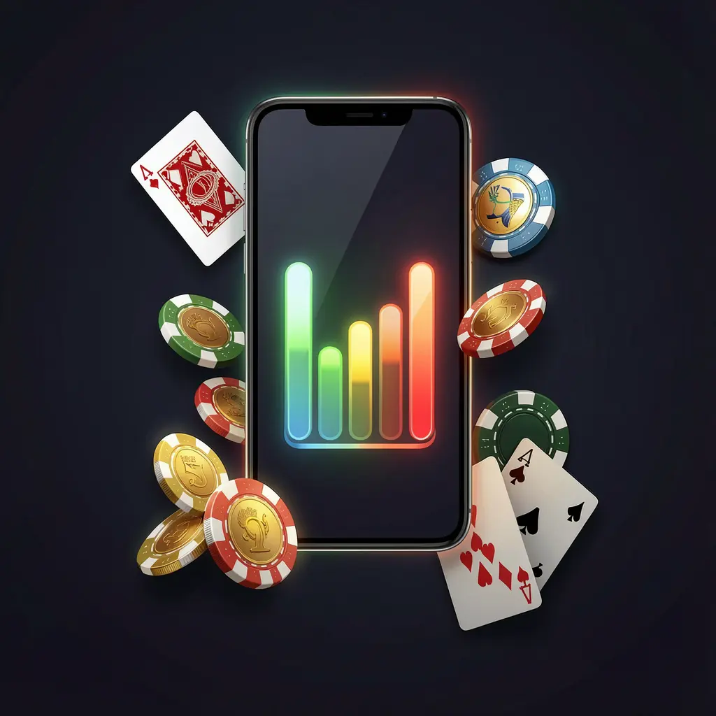 MY8899 casino app installation visual showing a smartphone with a glowing progress bar surrounded by coins, chips, and playing cards on a dark background