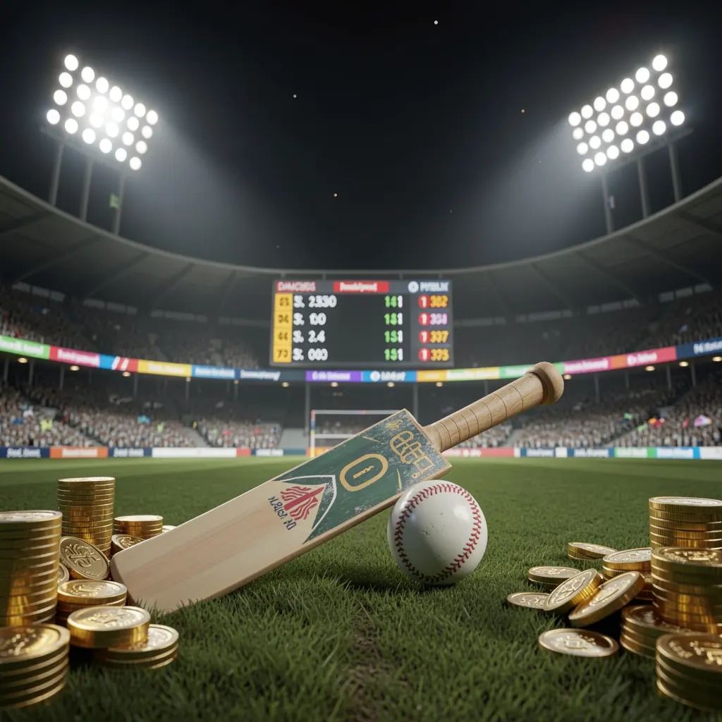 MY8899 cricket betting page hero banner featuring a cricket stadium at night with bright floodlights, a cricket bat and ball on a green pitch, glowing odds panels, and golden coins in a premium dark cinematic 3D render