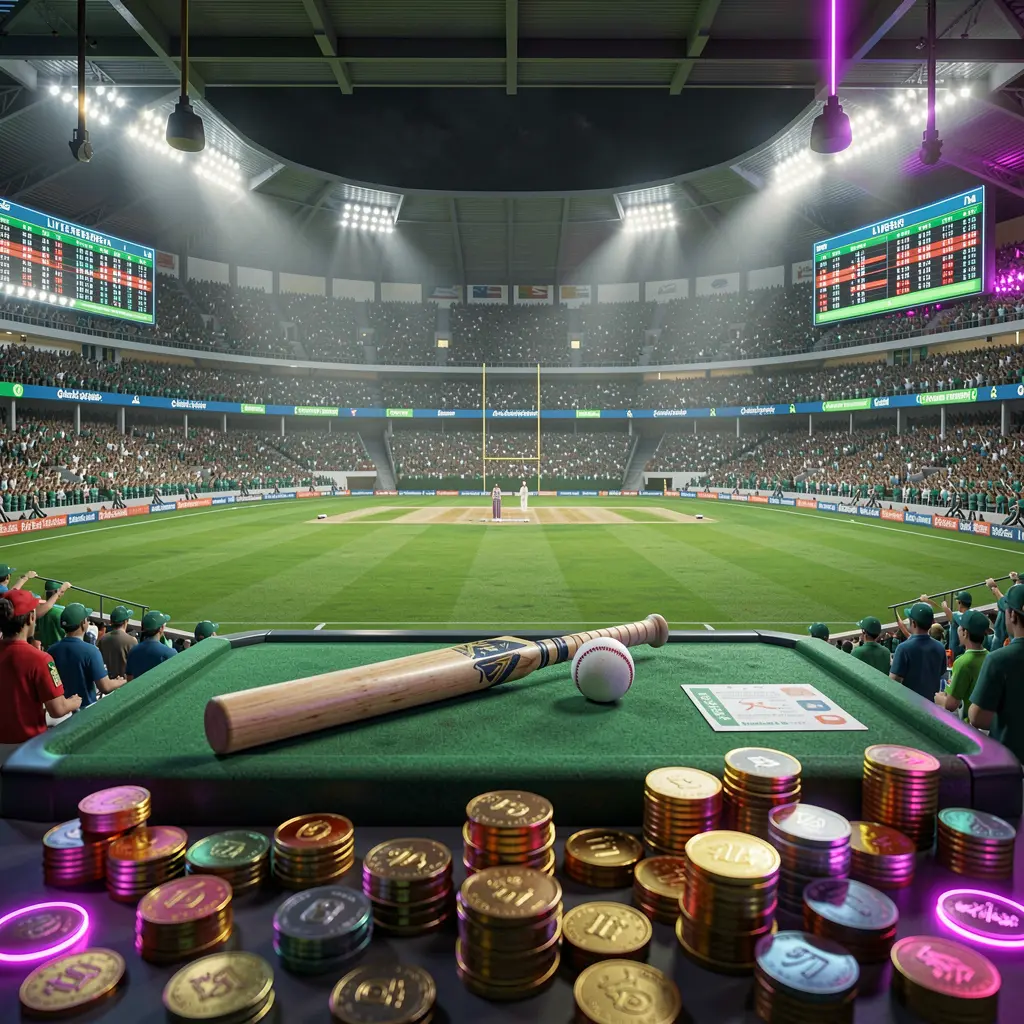 A vibrant cricket sportsbook scene at a packed stadium with a green field, bat and ball, digital live odds panels, coins, and neon lighting, showcasing MY8899 in a cinematic 3D render