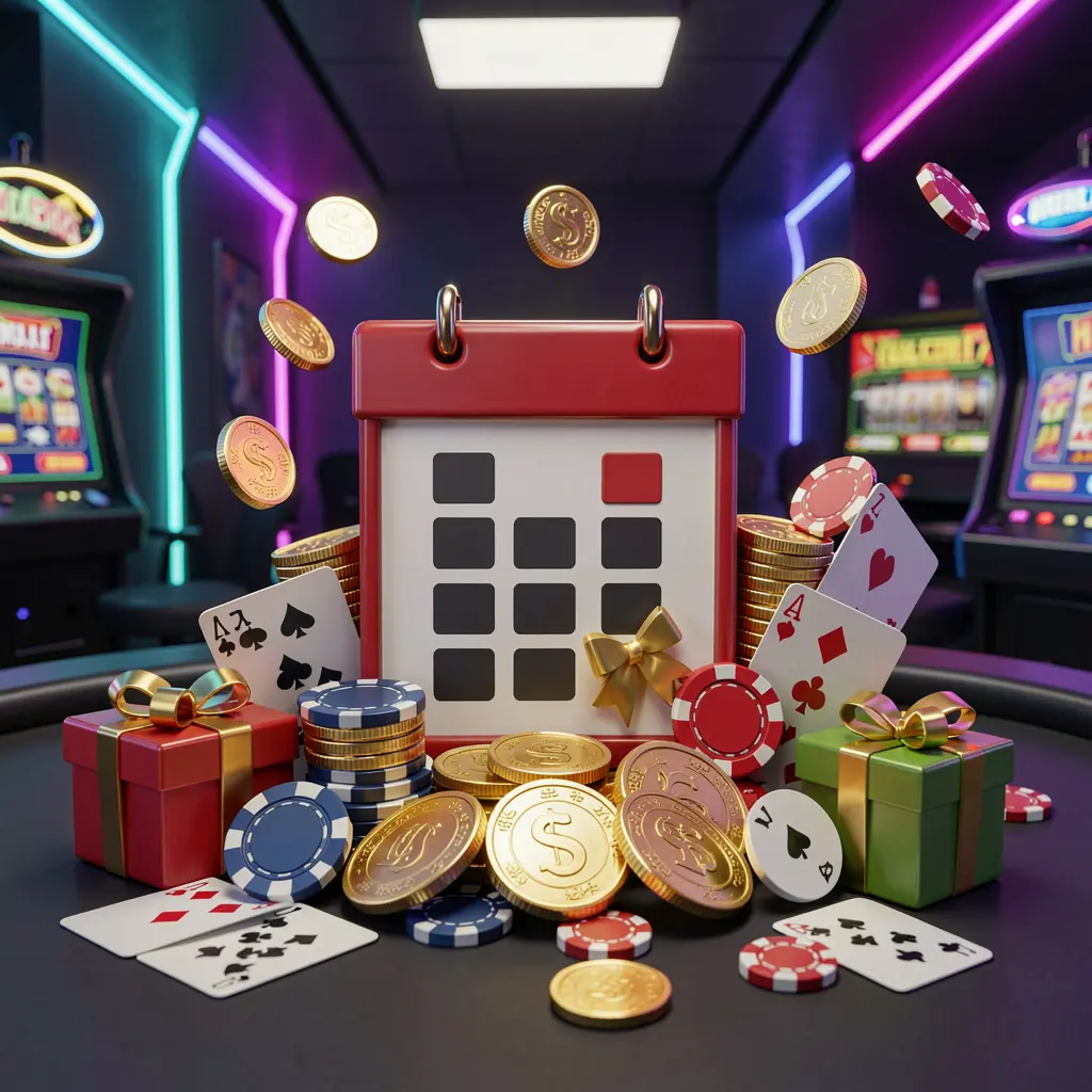 MY8899 weekly online casino bonus concept featuring a calendar icon surrounded by golden coins, gift boxes, poker chips, and playing cards in a festive casino atmosphere with neon lights on a dark modern background