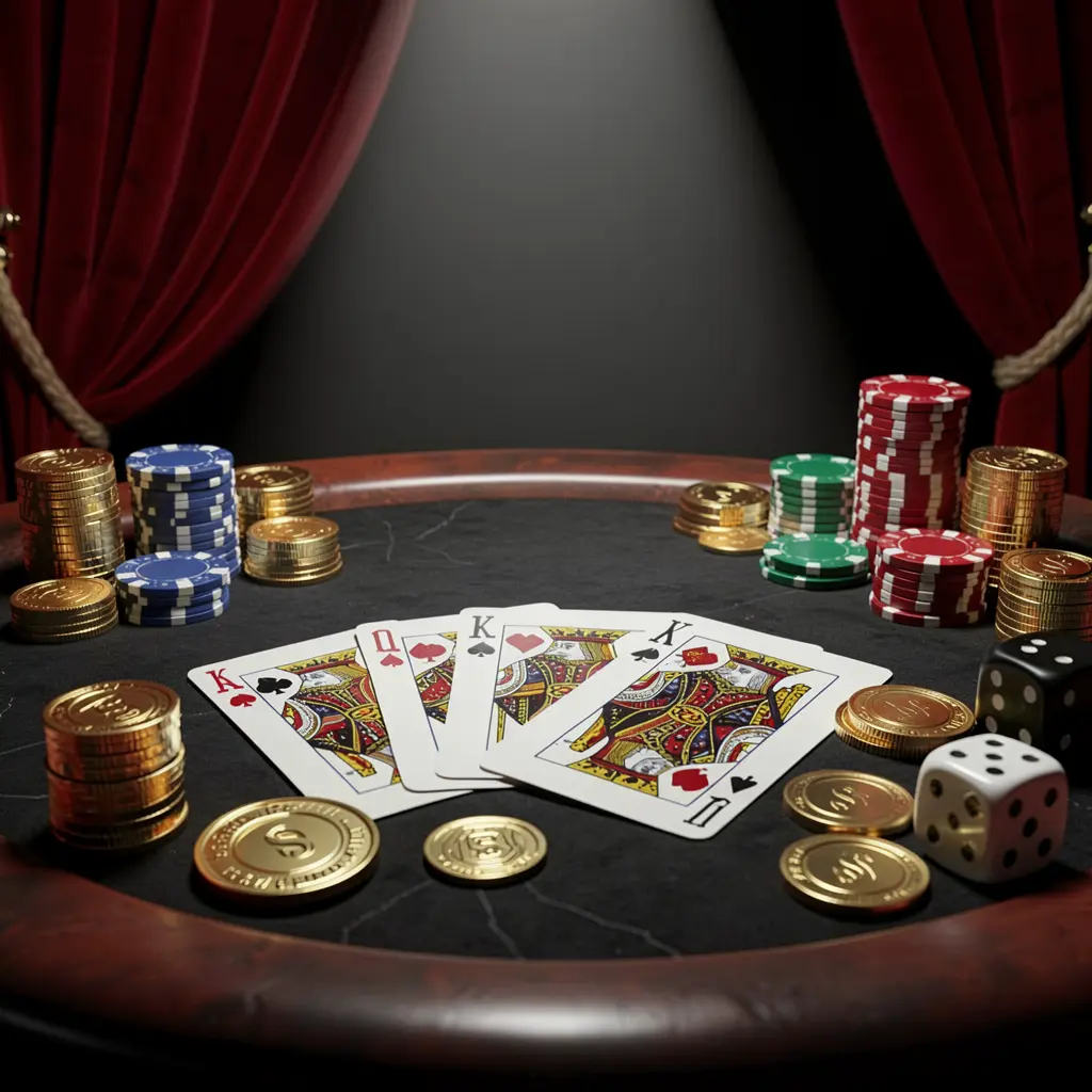 Realistic 3D render of a casino table featuring a royal flush hand, poker chips, golden coins, and dice on a luxury black and red background with dramatic spotlight, showcasing MY8899 brand in a high-end casino setting