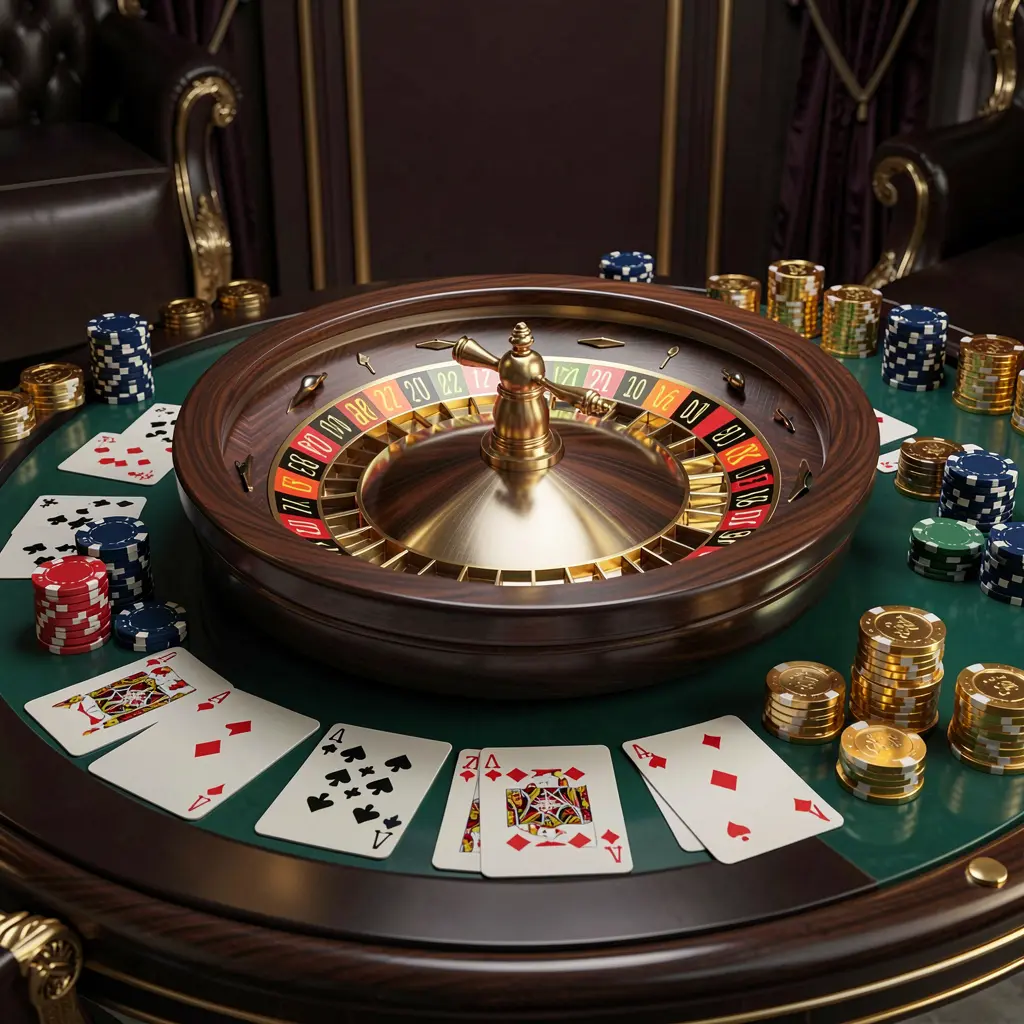 Realistic 3D illustration of a modern online casino scene featuring a roulette wheel, playing cards, poker chips, and golden coins on a glossy table with a dark luxury background, showcasing the MY8899 brand experience in Malaysia