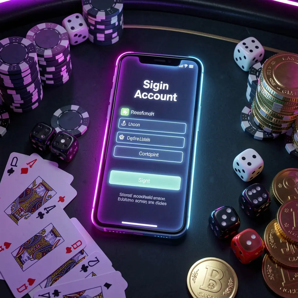 MY8899 casino account sign in scene with a glowing smartphone on a casino table surrounded by cards, chips, dice, and gold coins, set against an elegant dark background with neon highlights