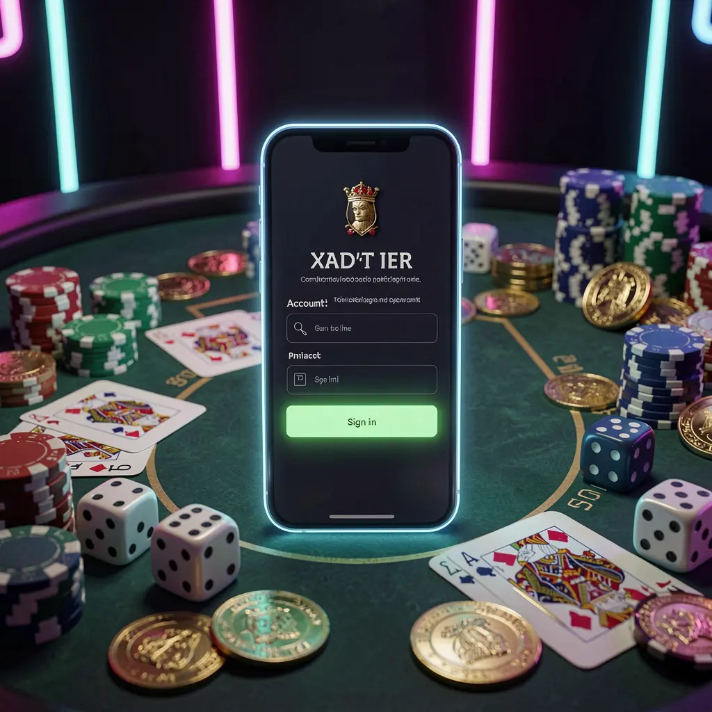 MY8899 casino account sign in scene with a glowing smartphone on a casino table surrounded by cards, chips, dice, and gold coins against an elegant dark background with neon highlights