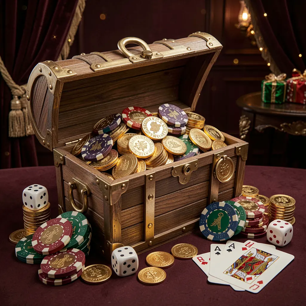 MY8899 online casino welcome banner featuring a treasure chest filled with golden coins and casino chips, playing cards and dice nearby against a dark luxury background creating a festive premium atmosphere